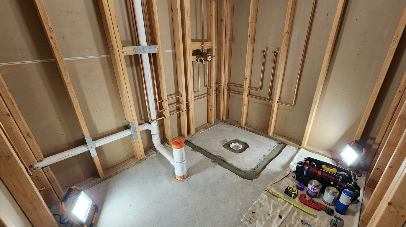 Bathroom rough-in plumbing during remodel by Johns Plumbing LLC in Lyndeborough