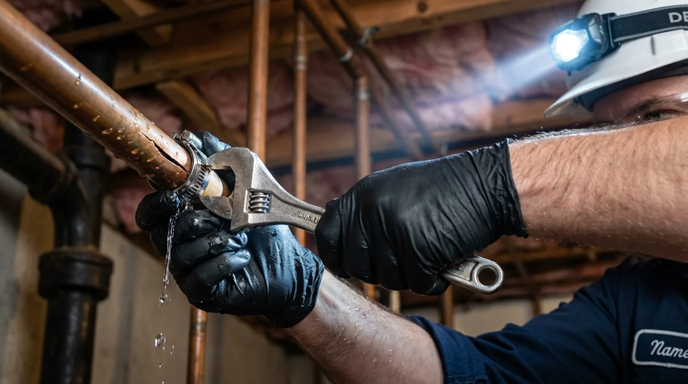 Emergency pipe clamp repair being performed by a Johns Plumbing LLC plumber in Lyndeborough