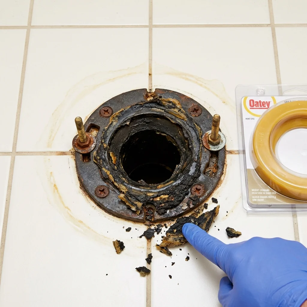 Failed wax ring showing water seepage at the base of a toilet in a Lyndeborough, NH home