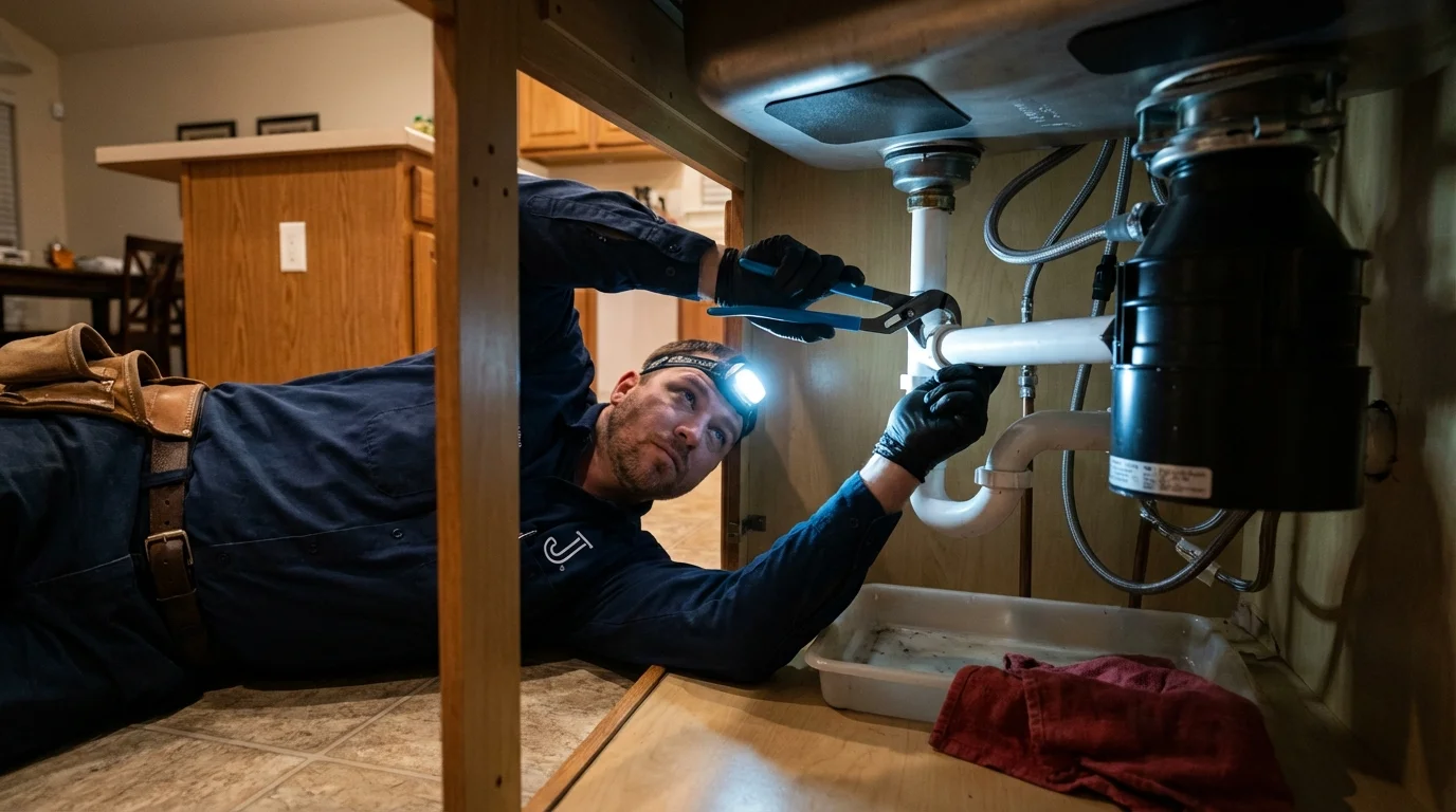 P-trap and supply line connections under a kitchen sink showing a common leak point in Lyndeborough, NH